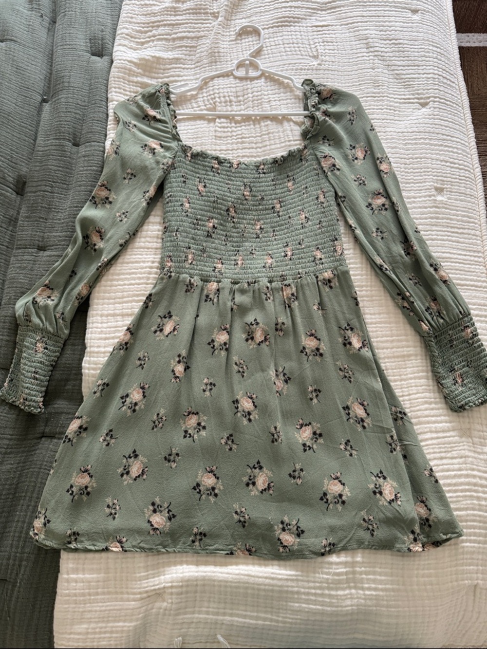 Reformation Sage Green Floral Smocked Mini Dress